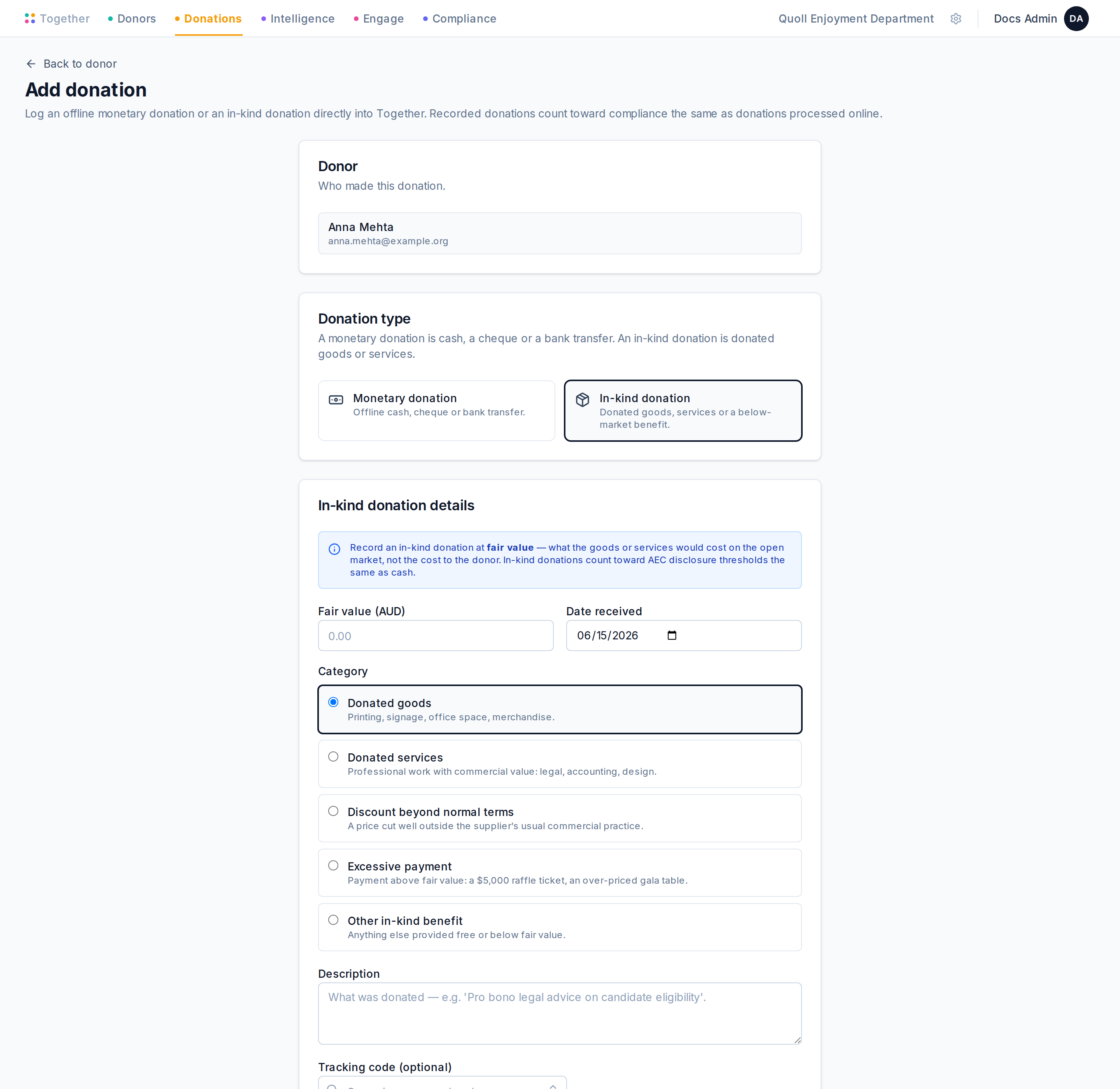 The Add donation form with the in-kind donation type selected for a chosen donor: the monetary / in-kind type chooser, a fair-value amount field, the AEC-aligned category options (donated goods, services, discount beyond normal terms, excessive payment, other), and a description field.