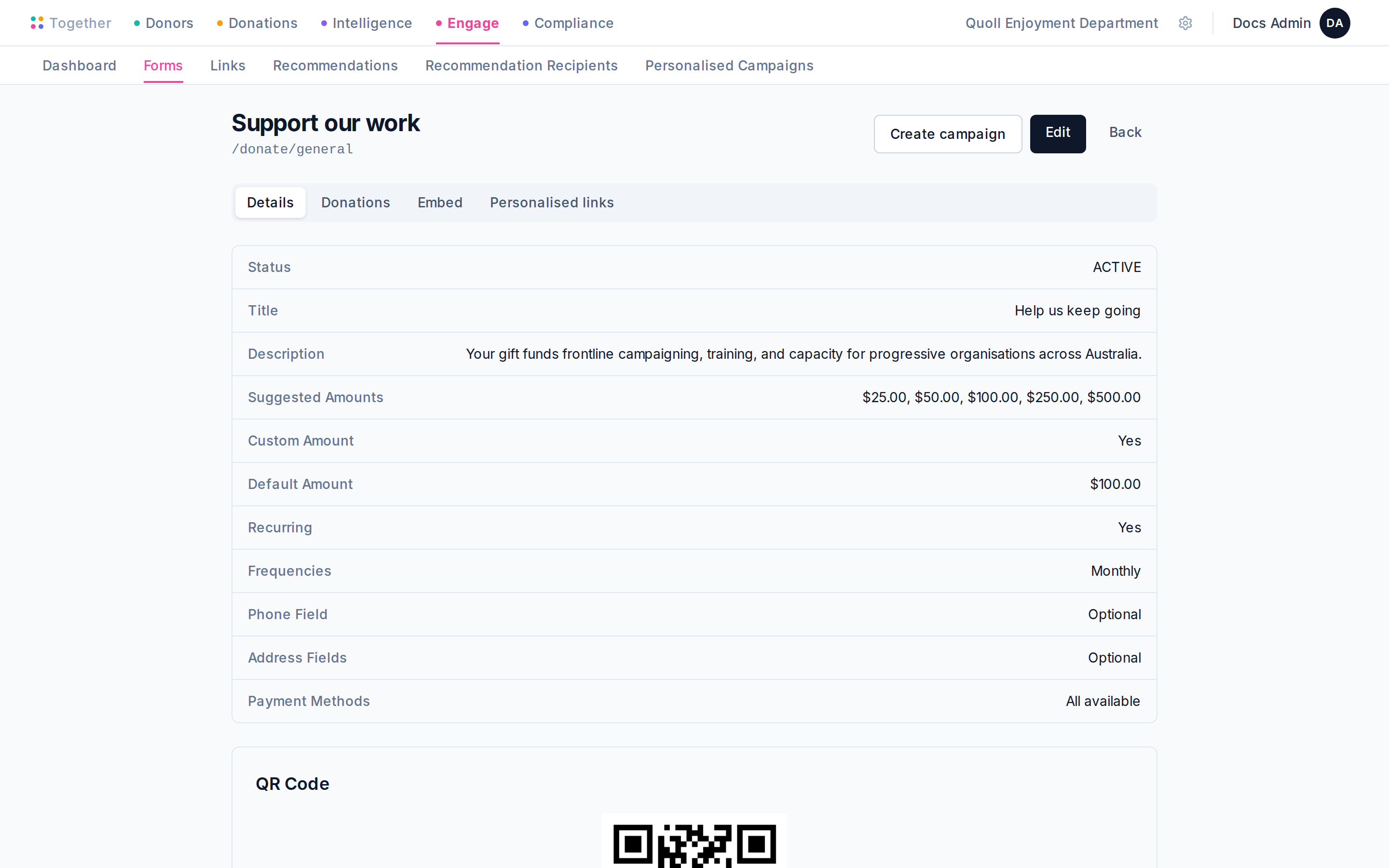 A published donation form's detail page with the public URL, status, totals, and the editable settings beneath.