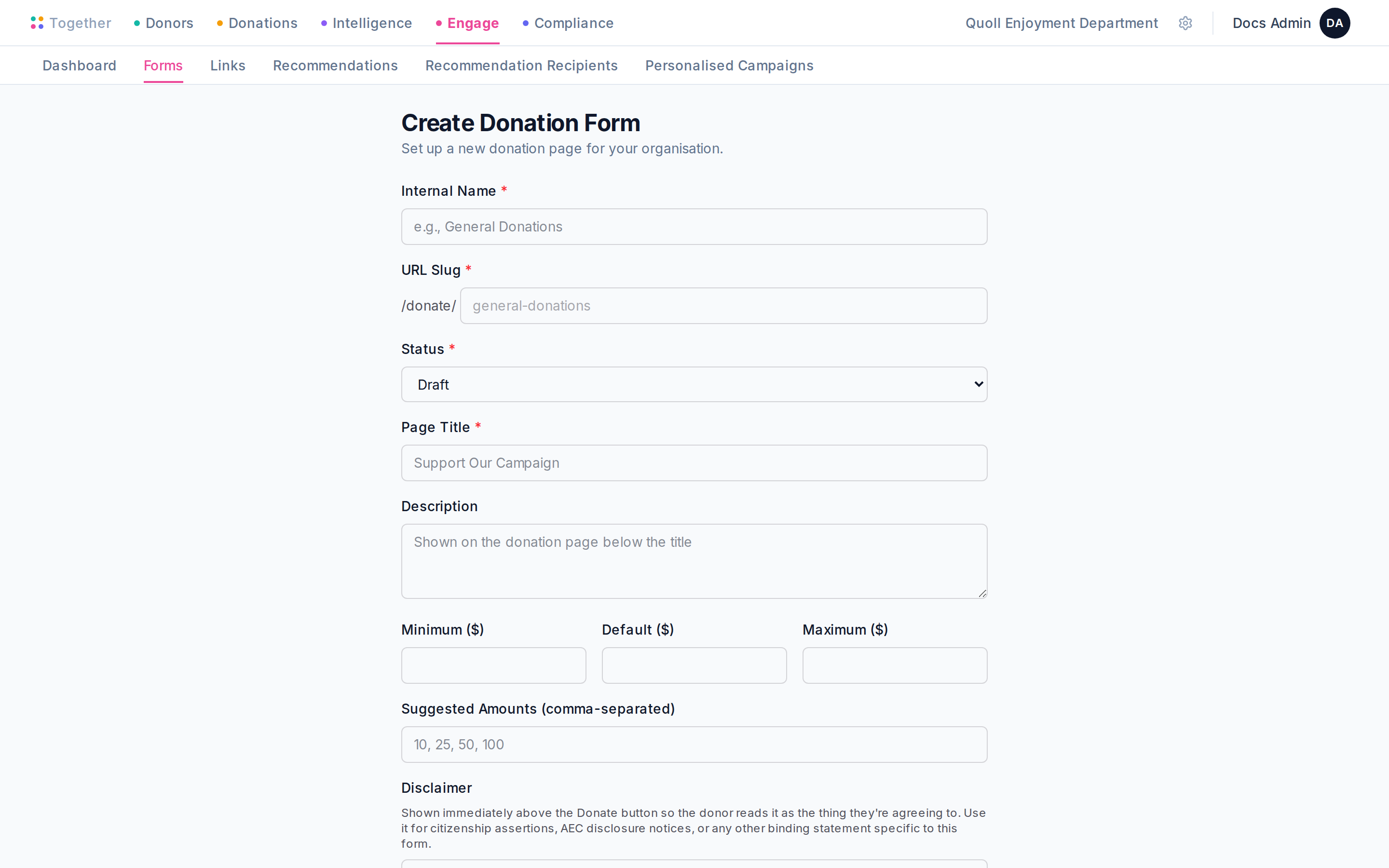The donation form editor open in create mode, with empty fields for name, slug, title, and description.