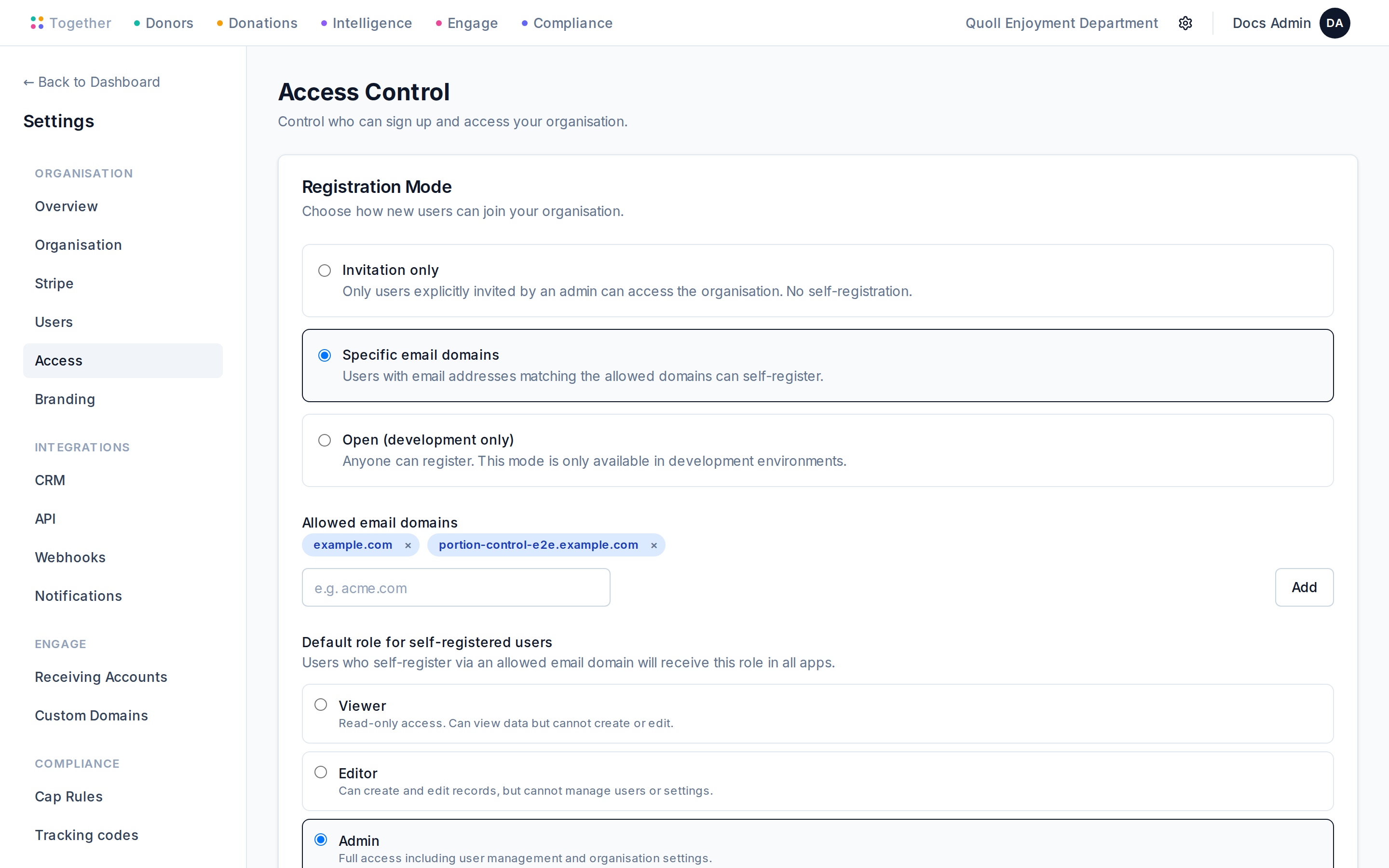 The Access Control settings page showing the chosen registration mode, allowed email domains, and default self-signup role.