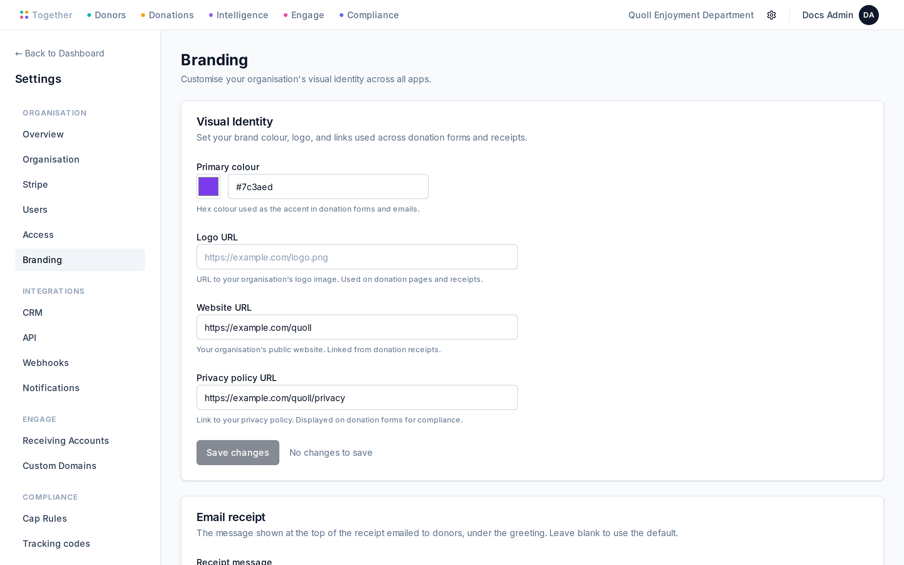 The Branding settings page with fields for primary colour, logo URL, organisation website, and privacy policy.