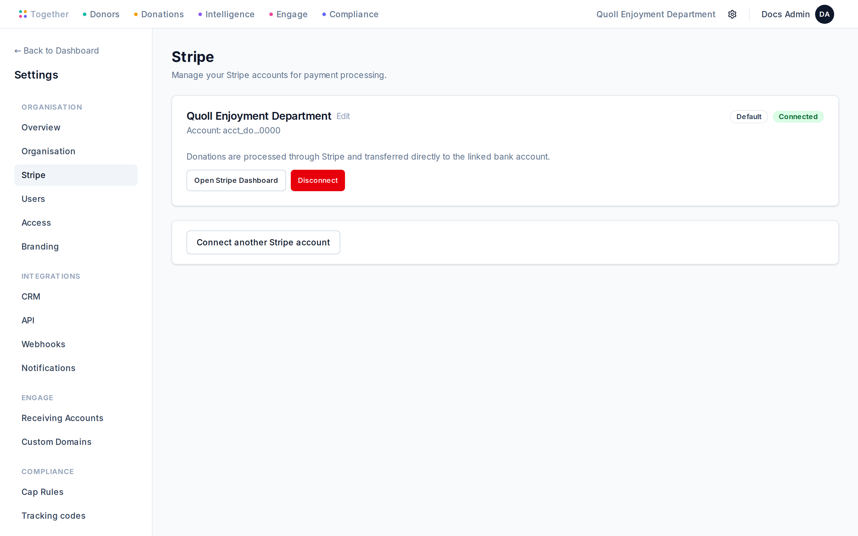 The Stripe Connect settings page showing the connection state for the organisation and a button to start onboarding.